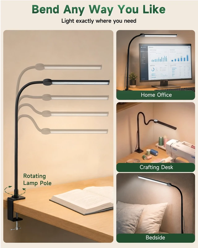 Alt view image 4 of 7 - Desk Lamp with Clamp, 27" Flexible Goose-Neck Light for Craft Sewing | 650LM 80 LEDs Wide Head Desk Light, Sturdy 2.2" Metal Clamp, 3 Color Modes & 3 Brightness Levels, w/ Power Adapter, 1H Timer