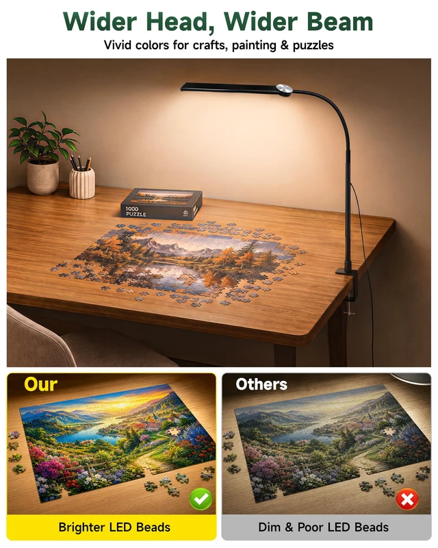 Alt view image 3 of 7 - Desk Lamp with Clamp, 27" Flexible Goose-Neck Light for Craft Sewing | 650LM 80 LEDs Wide Head Desk Light, Sturdy 2.2" Metal Clamp, 3 Color Modes & 3 Brightness Levels, w/ Power Adapter, 1H Timer