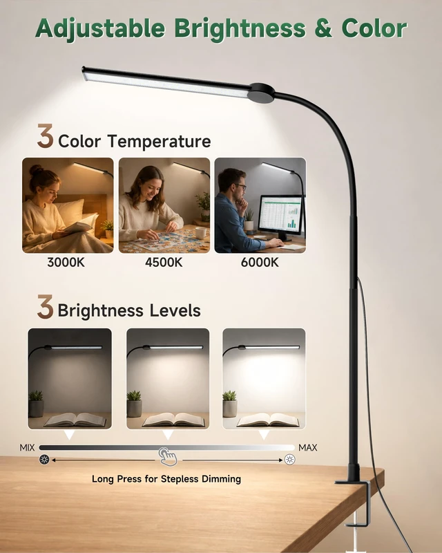 Alt view image 5 of 7 - Desk Lamp with Clamp, 27" Flexible Goose-Neck Light for Craft Sewing | 650LM 80 LEDs Wide Head Desk Light, Sturdy 2.2" Metal Clamp, 3 Color Modes & 3 Brightness Levels, w/ Power Adapter, 1H Timer