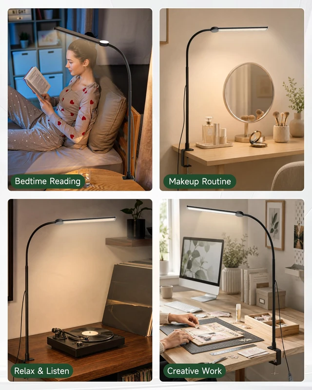 Alt view image 6 of 7 - Desk Lamp with Clamp, 27" Flexible Goose-Neck Light for Craft Sewing | 650LM 80 LEDs Wide Head Desk Light, Sturdy 2.2" Metal Clamp, 3 Color Modes & 3 Brightness Levels, w/ Power Adapter, 1H Timer