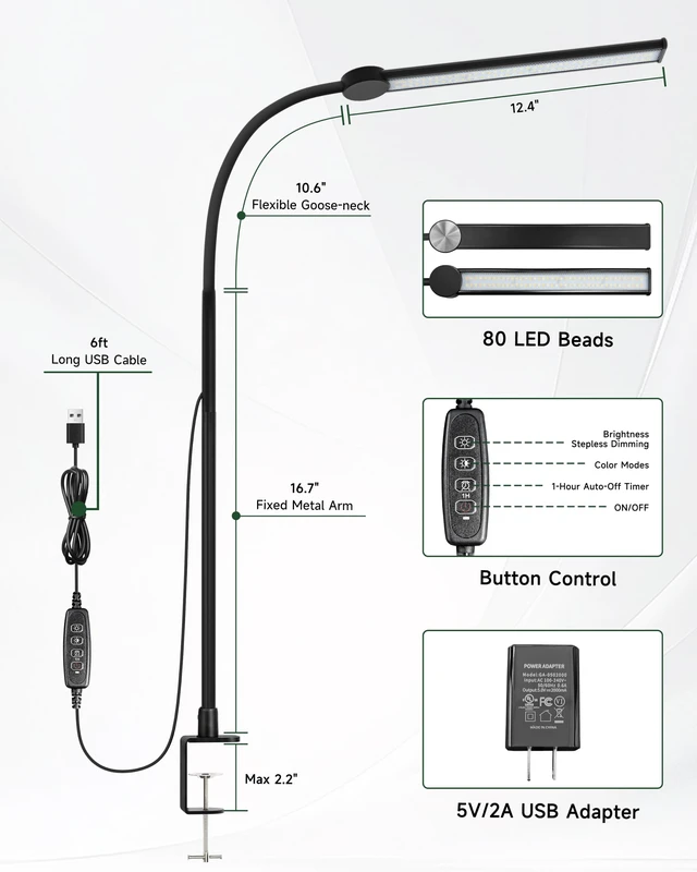 Alt view image 7 of 7 - Desk Lamp with Clamp, 27" Flexible Goose-Neck Light for Craft Sewing | 650LM 80 LEDs Wide Head Desk Light, Sturdy 2.2" Metal Clamp, 3 Color Modes & 3 Brightness Levels, w/ Power Adapter, 1H Timer