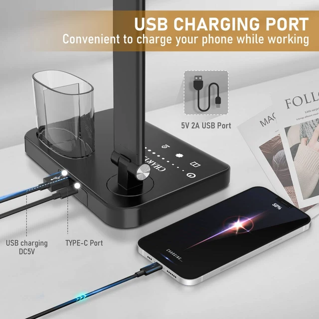 Alt view image 2 of 7 - Dimmable LED Desk Lamp with USB Charging Port, 50 Lighting Modes Dual Swing Arm Architect Table Lamp Light Desk Lamp for Home Office Dorm Piano Nail