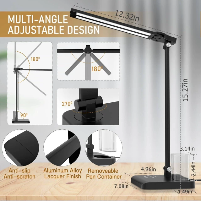 Alt view image 5 of 7 - Dimmable LED Desk Lamp with USB Charging Port, 50 Lighting Modes Dual Swing Arm Architect Table Lamp Light Desk Lamp for Home Office Dorm Piano Nail