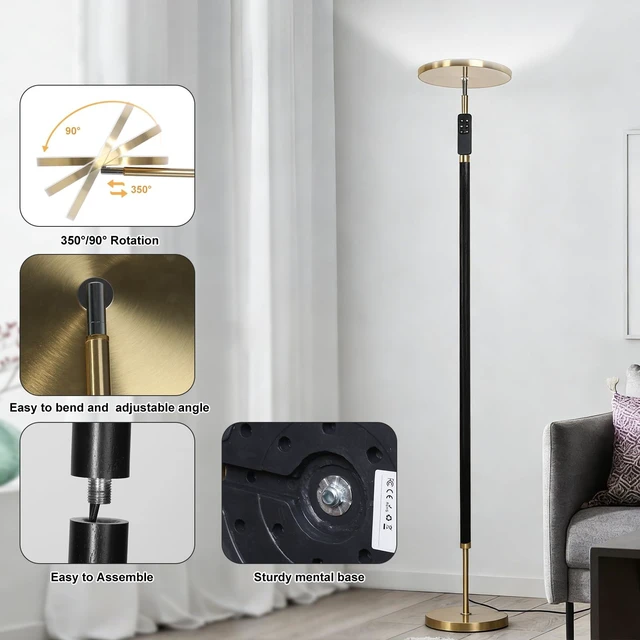 Alt view image 4 of 6 - Wood LED Torchiere Floor Lamp, 69" Tall Standing Lamp Dimmable with Remote | Super Bright 30W 3000LM Super Bright, 2700K-6500K Stepless Color Temp & Brightness for Living Room, Bedroom, Office Black