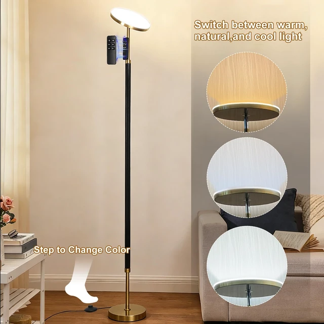 Alt view image 2 of 6 - Wood LED Torchiere Floor Lamp, 69" Tall Standing Lamp Dimmable with Remote | Super Bright 30W 3000LM Super Bright, 2700K-6500K Stepless Color Temp & Brightness for Living Room, Bedroom, Office Black
