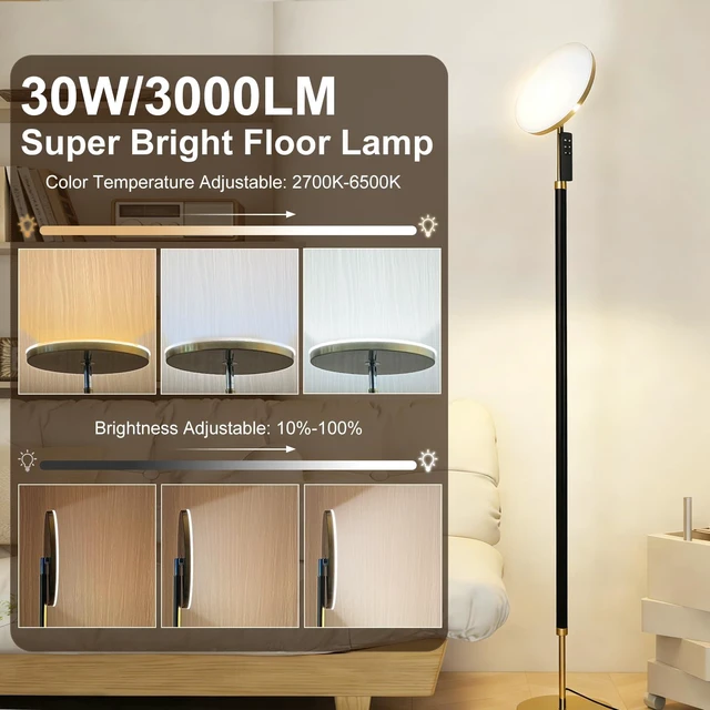 Alt view image 3 of 6 - Wood LED Torchiere Floor Lamp, 69" Tall Standing Lamp Dimmable with Remote | Super Bright 30W 3000LM Super Bright, 2700K-6500K Stepless Color Temp & Brightness for Living Room, Bedroom, Office Black