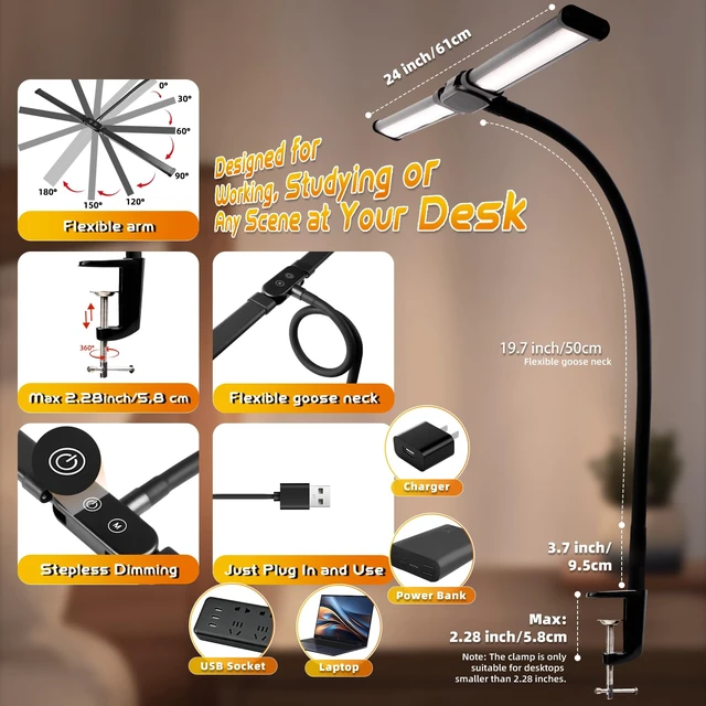 Alt view image 3 of 7 - LED Desk Lamp for Office Dorm Home, No Assembly Required | Eye Caring Desk Light Extra-Wide Lighting Coverage Gooseneck Dimmable Table lamp
