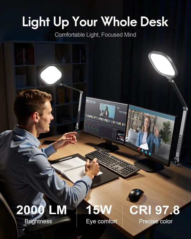 Alt view image 2 of 7 - Remote LED Desk Lamp with Clamp, 2000LM, 30 Modes, Metal Arm | Eye-Care, Professional Lighting for Video Calls, Zoom Meeting, Streaming, 360° Rotatable, Memory, Timer, CRI 97.8
