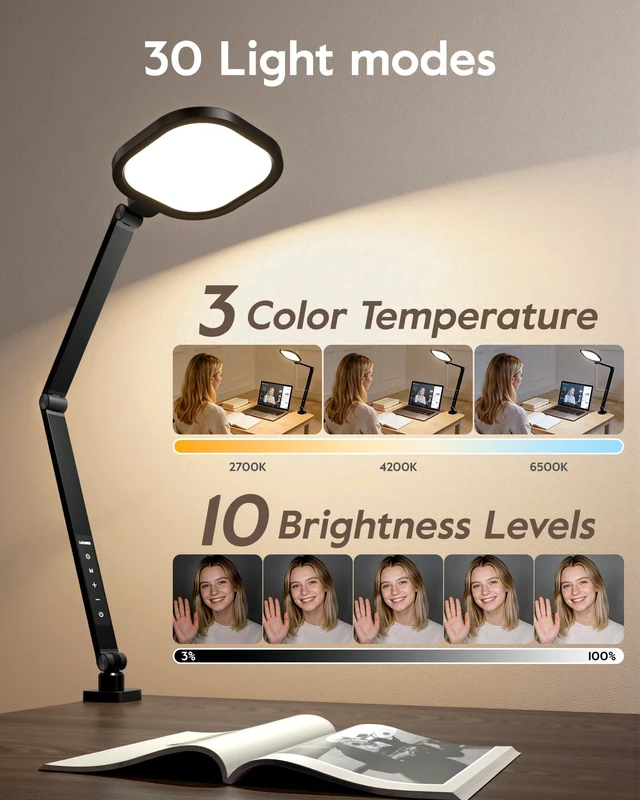 Alt view image 6 of 7 - Remote LED Desk Lamp with Clamp, 2000LM, 30 Modes, Metal Arm | Eye-Care, Professional Lighting for Video Calls, Zoom Meeting, Streaming, 360° Rotatable, Memory, Timer, CRI 97.8