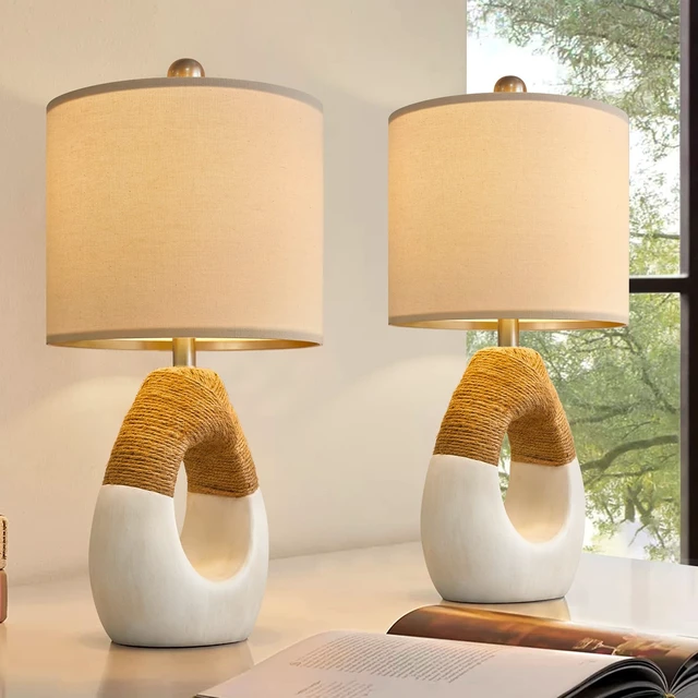 Alt view image 5 of 7 - 19'' Small Boho Table Lamps for Bedroom Set of 2 for Bedside | Boho Lamps for Nightstands, Cute Farmhouse Rattan Design, Modern Home Decor for Guest, Living Room, Perfect for Small Area