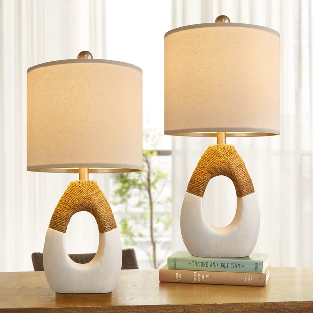 Alt view image 6 of 7 - 19'' Small Boho Table Lamps for Bedroom Set of 2 for Bedside | Boho Lamps for Nightstands, Cute Farmhouse Rattan Design, Modern Home Decor for Guest, Living Room, Perfect for Small Area