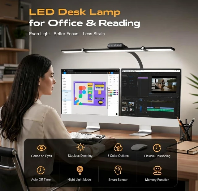 Alt view image 3 of 7 - 24W LED Clamp Desk Lamp, 3 Light Bars Architect Desk Light with Motion Sensor & Remote, Eye Caring Stepless Dimming Table Lamp for Home Office Study, Black