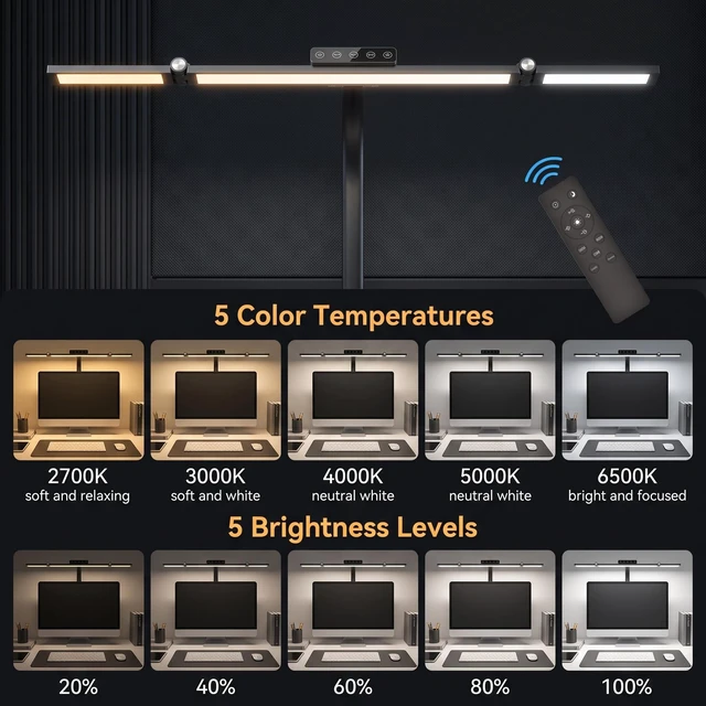 Alt view image 2 of 7 - 24W LED Clamp Desk Lamp, 3 Light Bars Architect Desk Light with Motion Sensor & Remote, Eye Caring Stepless Dimming Table Lamp for Home Office Study, Black