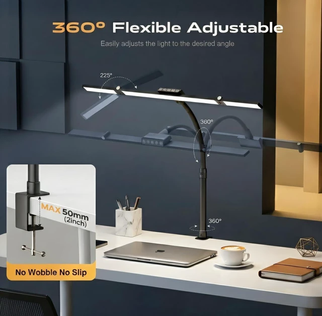 Alt view image 5 of 7 - 24W LED Clamp Desk Lamp, 3 Light Bars Architect Desk Light with Motion Sensor & Remote, Eye Caring Stepless Dimming Table Lamp for Home Office Study, Black