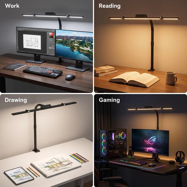 Alt view image 6 of 7 - 24W LED Clamp Desk Lamp, 3 Light Bars Architect Desk Light with Motion Sensor & Remote, Eye Caring Stepless Dimming Table Lamp for Home Office Study, Black
