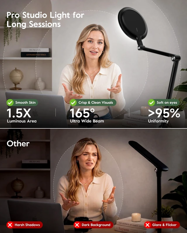Alt view image 3 of 7 - Desk Lamp for Home Office, Professional Video Call Light, CRI>98 | Precise Dimming 1-100%, 8" Diffused Light Panel, 37" Extra Tall, 5 Color Temps, Favorite Mode, Reinforced Metal Base