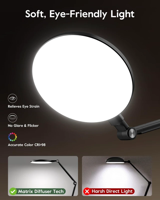 Alt view image 4 of 7 - Desk Lamp for Home Office, Professional Video Call Light, CRI>98 | Precise Dimming 1-100%, 8" Diffused Light Panel, 37" Extra Tall, 5 Color Temps, Favorite Mode, Reinforced Metal Base