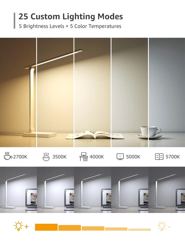 Alt view image 3 of 7 - LED Desk Lamp with USB Charging Port for Dorm Room, 700LM 9.5W, White | Dimmable Table Lamp, 5 Colors 5 Brightness, Eye Caring Task Light for Home Office, Sewing, Crafting, Reading, Nail, Drafts