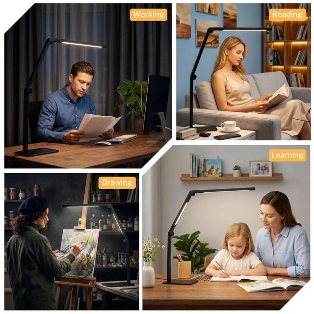 Alt view image 6 of 6 - LED Desk Lamp for Home Office with Base, Dimmable Eye Care Architect Desk Light, Adjustable Swing Arm Dual-Light Lighting for Computer Monitor Work Desk Light, Reading, Study & Workbench