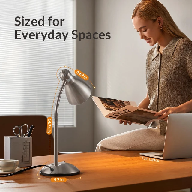 Alt view image 2 of 7 - Metal Desk Lamp, Adjustable GooseNeck Reading Light for Bedroom | Compact & Sturdy, Space-Saving for Bedside & Dorm, E26 Table Lamp, Eye-Caring, Ideal for Study, Office, Back to School