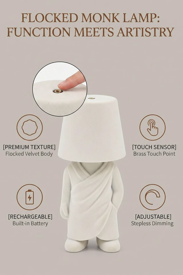 Alt view image 3 of 5 - Cordless Flocked Monk Lamp Touch Bedside Table Light | Rechargeable cordless desk lamp featuring a premium flocked velvet monk body, 3 color modes, and stepless touch dimming.