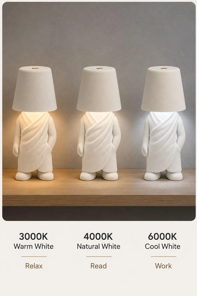 Alt view image 4 of 5 - Cordless Flocked Monk Lamp Touch Bedside Table Light | Rechargeable cordless desk lamp featuring a premium flocked velvet monk body, 3 color modes, and stepless touch dimming.