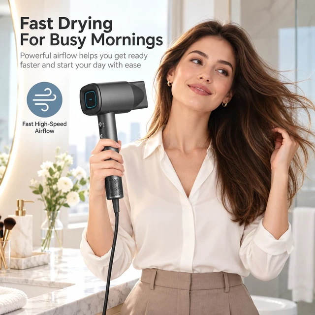 Alt view image 2 of 7 - High-Speed Ionic Hair Dryer for Faster Mornings & Smoother Hair | 110,000 RPM fast drying, 59dB quiet use, smart heat control, stable airflow, fingerprint-resistant finish, magnetic nozzle