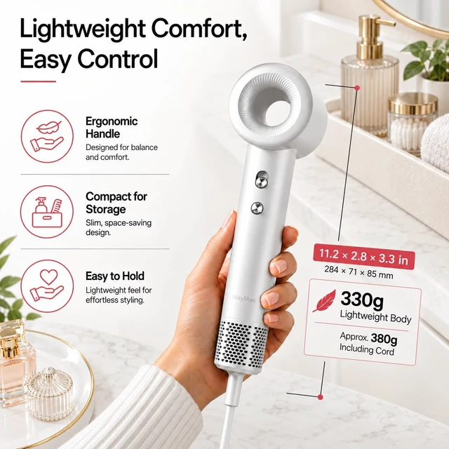 Alt view image 2 of 7 - Lightweight High-Speed Hair Dryer with Diffuser, 330g Body | Ionic airflow with magnetic concentrator, 2 air speeds and 4 heat modes for curly, wavy and straight hair