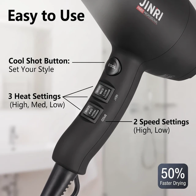 Alt view image 4 of 7 - Infrared Hair Dryer, Professional Salon Hairdryer Negative Ionic | Blow Dryers for Fast Drying, Pro Ion Quiet Hairdryer with Diffuser & Concentrator & Comb for Home Styling, Black