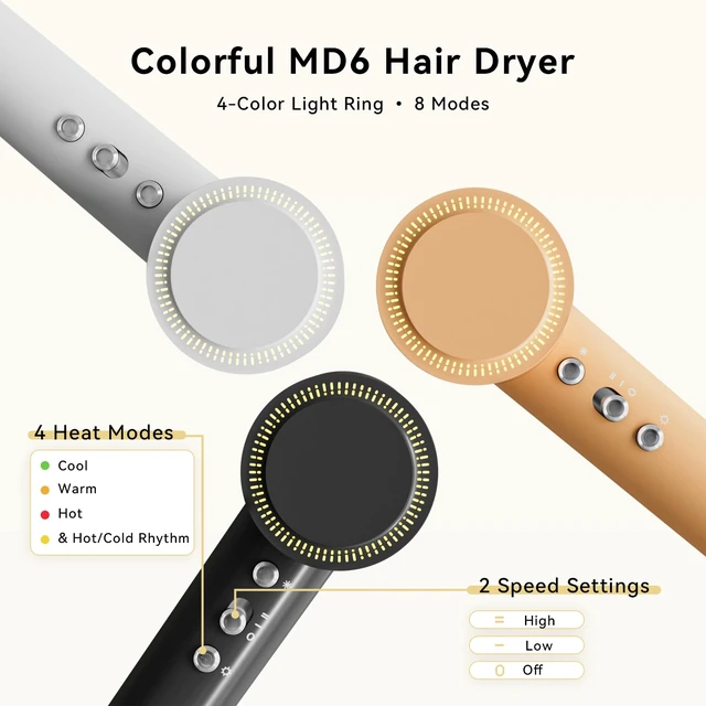 Alt view image 4 of 7 - Hair Dryer, 110,000 RPM Ionic Blow Dryer with Magnetic Nozzle | 200 Million Negative Ions, NTC Heat Control, Low-Noise, Fast Drying with Ionic Care, Reduces Frizz, Ideal for Travel