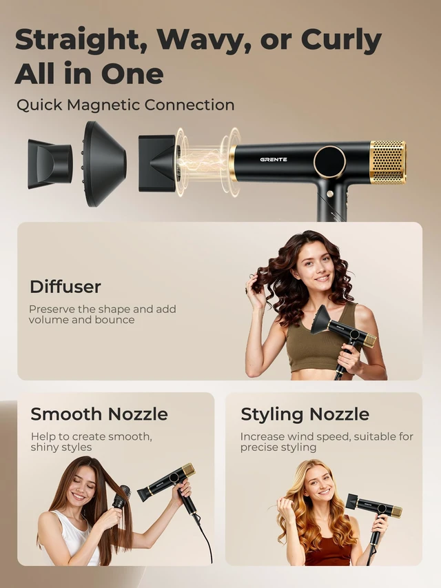 Alt view image 7 of 7 - Foldable Hair Dryer with Diffuser Professional High-Speed Ionic Salon Blow Dryer, 4 Heat/3 Speed Settings, Magnetic Diffuser & Concentrator, Lightweight & Low Noise for Home and Travel