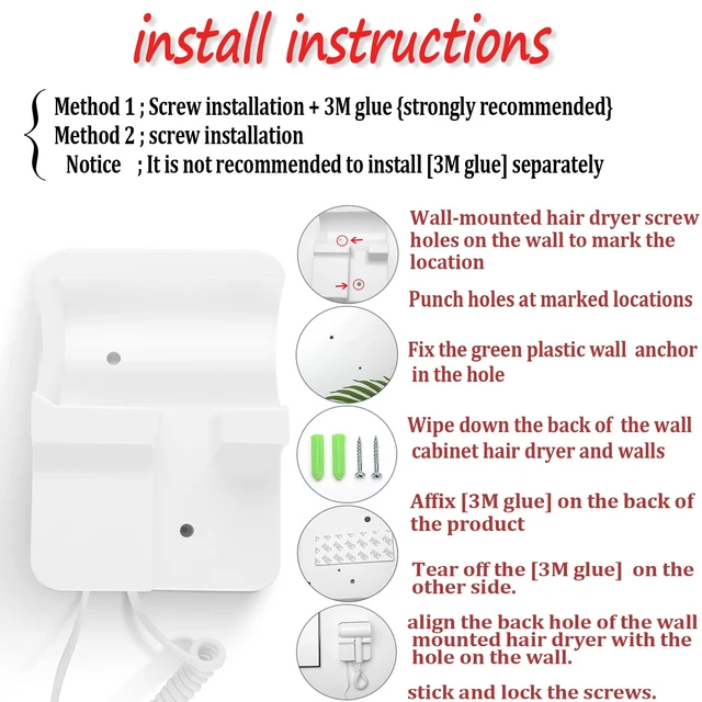Alt view image 2 of 7 - Hotel Wall Mounted Hair Dryer for Bathroom,Restroom Professional Blow Dryer,with Stand Rack,Specialised Motor for Salon,Fast Drying - GiftsMassage Comb, Screws+ Adhesive 110V