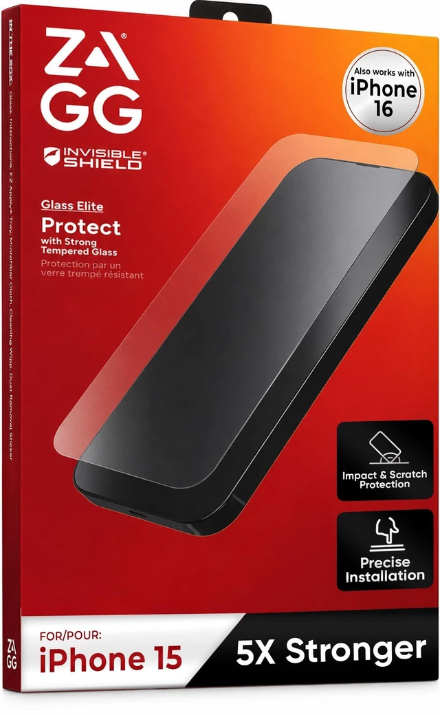 Main image of Elite Glass Screen Protector for iPhone 16 and iPhone 15-5X Stronger Tempered Glass, Scratch & Impact Protection, Smudge-Resistant, Easy to Install, InvisibleShield - Clear