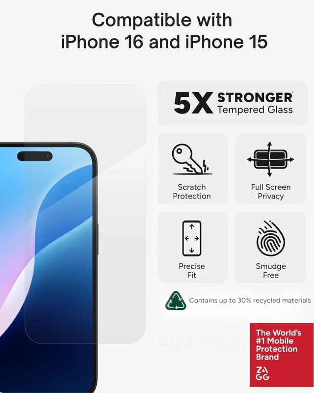 Alt view image 4 of 7 - Elite Glass Screen Protector for iPhone 16 and iPhone 15-5X Stronger Tempered Glass, Scratch & Impact Protection, Smudge-Resistant, Easy to Install, InvisibleShield - Clear