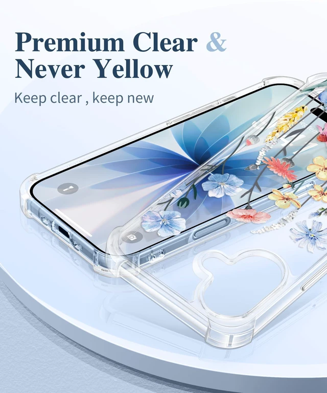Alt view image 3 of 7 - for iPhone 17 Case Floral Clear Slim Women | Non-Yellowing, Screen Protector+Full Camera Protection, Shockproof Protective Case for iPhone 17 6.3", Aconite/Light Blue