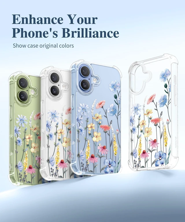 Alt view image 5 of 7 - for iPhone 17 Case Floral Clear Slim Women | Non-Yellowing, Screen Protector+Full Camera Protection, Shockproof Protective Case for iPhone 17 6.3", Aconite/Light Blue