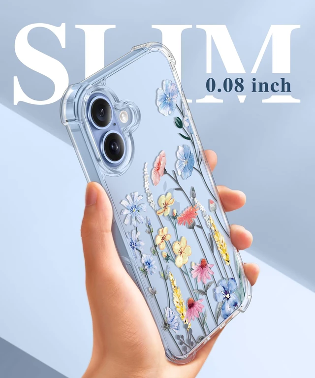 Alt view image 7 of 7 - for iPhone 17 Case Floral Clear Slim Women | Non-Yellowing, Screen Protector+Full Camera Protection, Shockproof Protective Case for iPhone 17 6.3", Aconite/Light Blue