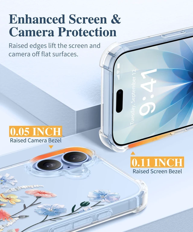 Alt view image 6 of 7 - for iPhone 17 Case Floral Clear Slim Women | Non-Yellowing, Screen Protector+Full Camera Protection, Shockproof Protective Case for iPhone 17 6.3", Aconite/Light Blue