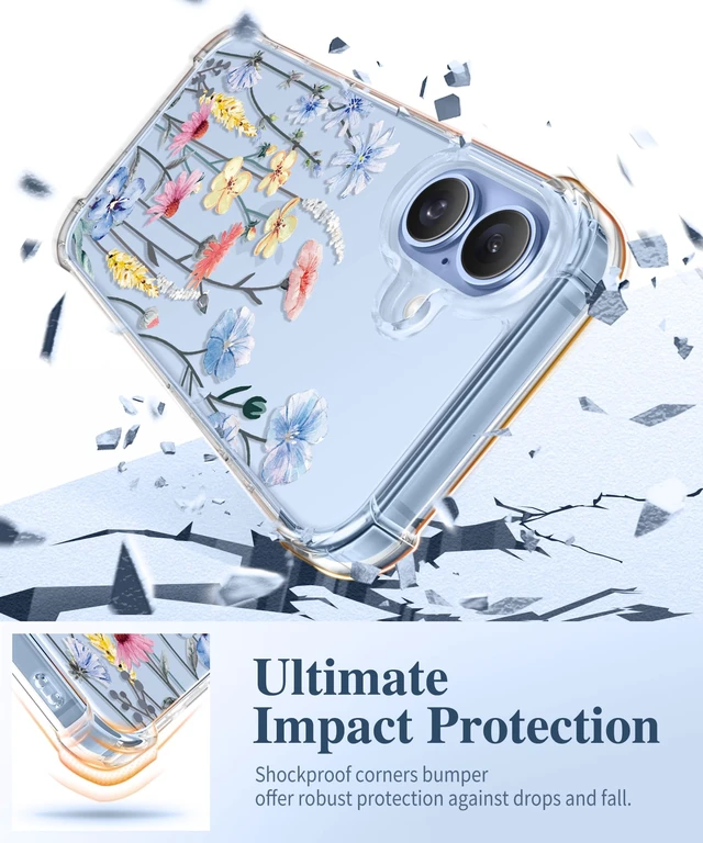Alt view image 4 of 7 - for iPhone 17 Case Floral Clear Slim Women | Non-Yellowing, Screen Protector+Full Camera Protection, Shockproof Protective Case for iPhone 17 6.3", Aconite/Light Blue