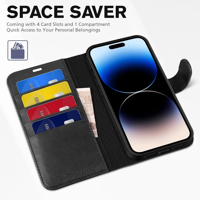 Alt view image 7 of 7 - Wallet Case for iPhone 14 Pro Max (6.7") 2022, 4 Card Holders, Black | RFID Blocking, Viewing Stand, Shockproof TPU Shell, PU Leather, Magnetic Closure, Protective Folio Flip Cover