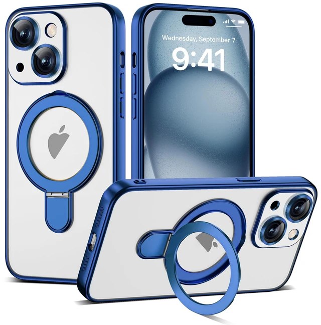 Main image of Plating Clear Phone Case for iPhone 15 with Stand 6.1", Blue | Plating Glossy Case for iPhone 15 Phone Case,Magnetic Ring Stand,Compatible with Mag-Safe,Full Camera Protector,TPU