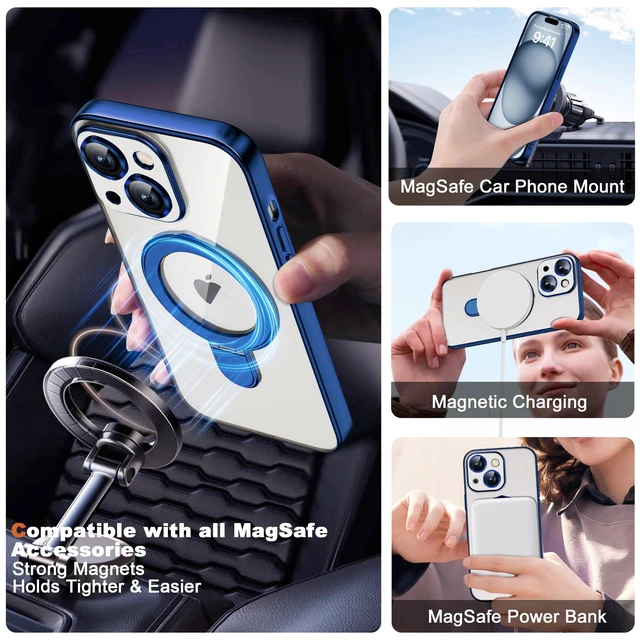 Alt view image 5 of 7 - Plating Clear Phone Case for iPhone 15 with Stand 6.1", Blue | Plating Glossy Case for iPhone 15 Phone Case,Magnetic Ring Stand,Compatible with Mag-Safe,Full Camera Protector,TPU