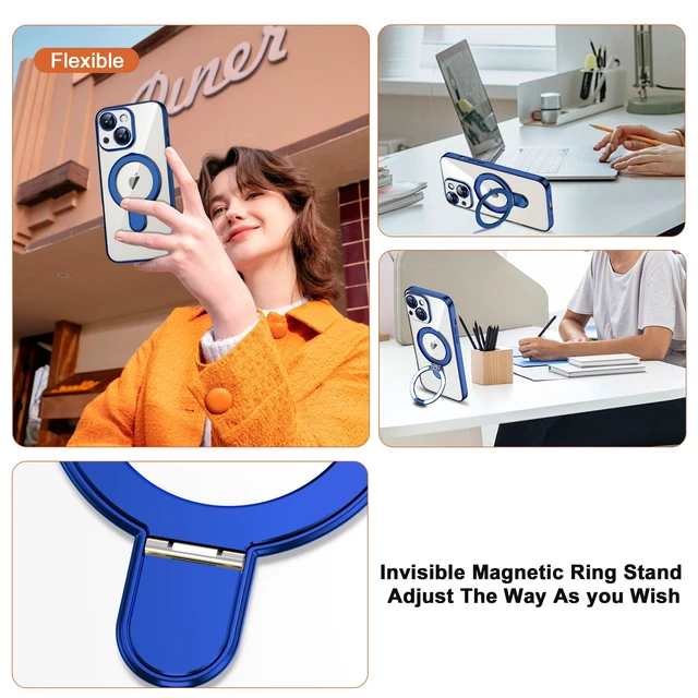 Alt view image 3 of 7 - Plating Clear Phone Case for iPhone 15 with Stand 6.1", Blue | Plating Glossy Case for iPhone 15 Phone Case,Magnetic Ring Stand,Compatible with Mag-Safe,Full Camera Protector,TPU
