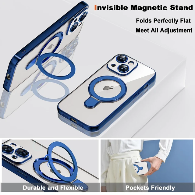 Alt view image 7 of 7 - Plating Clear Phone Case for iPhone 15 with Stand 6.1", Blue | Plating Glossy Case for iPhone 15 Phone Case,Magnetic Ring Stand,Compatible with Mag-Safe,Full Camera Protector,TPU