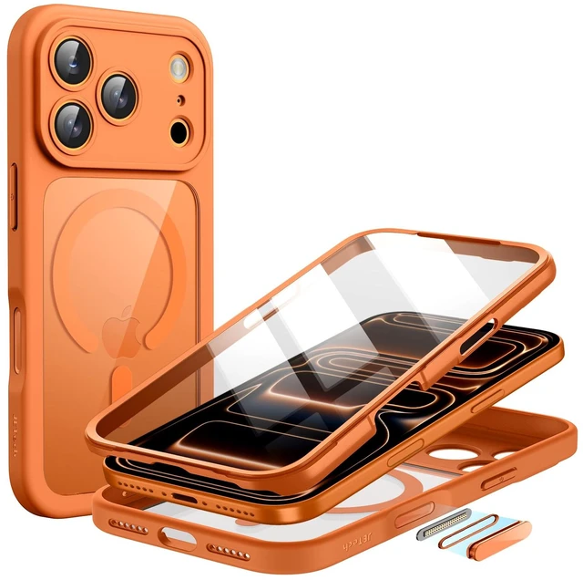 Main image of Case for iPhone 17 Pro Max, 360° Protection, Orange | Compatible with MagSafe, Built-in Tempered Glass Screen Protector, Camera Control Button