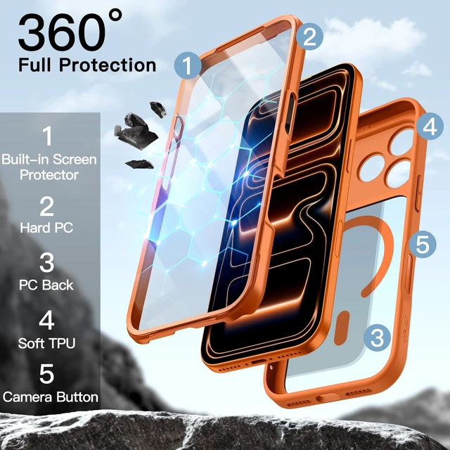 Alt view image 3 of 7 - Case for iPhone 17 Pro Max, 360° Protection, Orange | Compatible with MagSafe, Built-in Tempered Glass Screen Protector, Camera Control Button