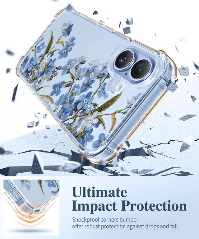 Alt view image 4 of 7 - for iPhone 17 Case Floral Clear Slim Women | Non-Yellowing, Screen Protector+Full Camera Protection, Shockproof Protective Case for iPhone 17 6.3", Aconite/Blue