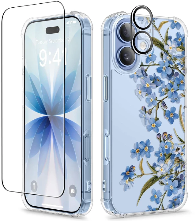 Main image of for iPhone 17 Case Floral Clear Slim Women | Non-Yellowing, Screen Protector+Full Camera Protection, Shockproof Protective Case for iPhone 17 6.3", Aconite/Blue