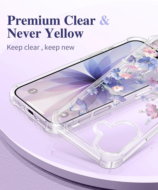 Alt view image 3 of 7 - for iPhone 17 Case Floral Clear Slim Women | Non-Yellowing, Screen Protector+Full Camera Protection, Shockproof Protective Case for iPhone 17 6.3", Bloomwing/Blue