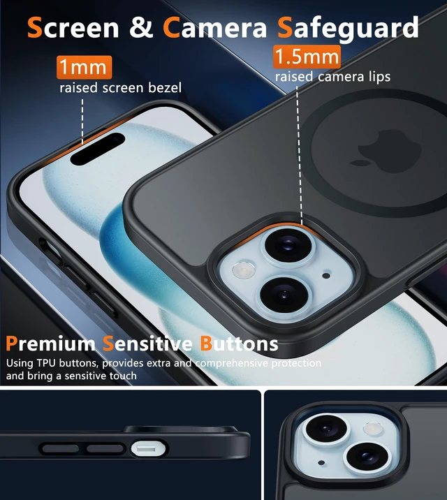 Alt view image 5 of 7 - for iPhone 15/14/13 Case, Fit for Magsafe, Translucent Matte Back | Magnetic Phone Cases, 14FT Military Grade Drop Protection, Shockproof Bumper, Slim Protective Cover, Black
